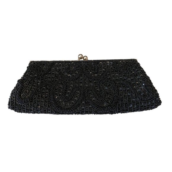 Vintage Black Beaded Clutch Purse With Chain Strap & Silver-Tone Frame - Picture 3 of 8